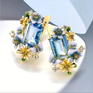 Blue Crystal Floral Statement Earrings Gold Enamel Wedding Jewelry NWT